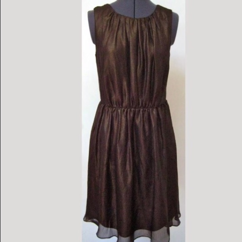 ANN TAYLOR LOFT METALLIC BRONZE GOLD BLACK CHIFFON DRESS FIT FLARE 4 EUC